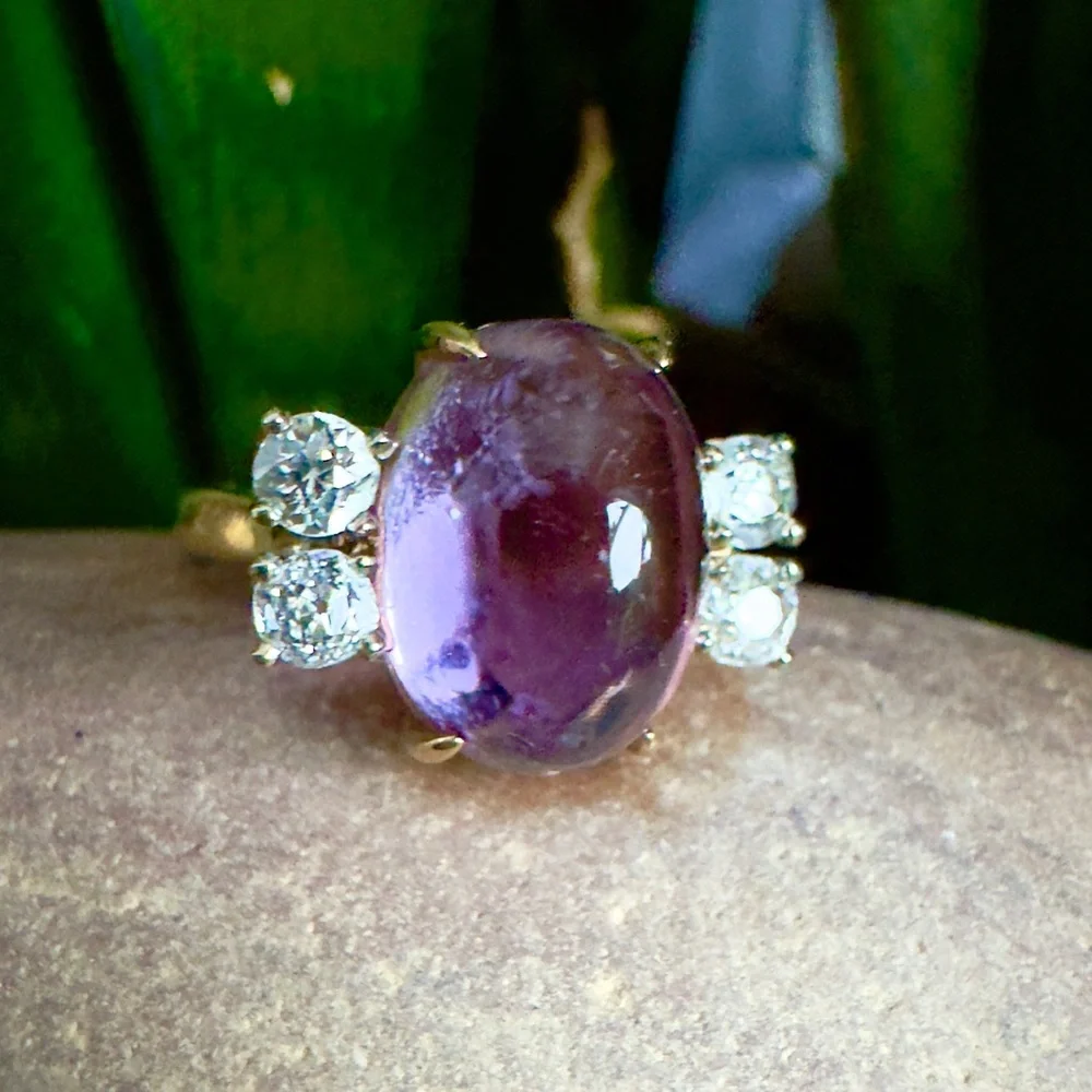 14k Sugarloaf Amethyst & Diamonds Ring - Picture 1 of 7